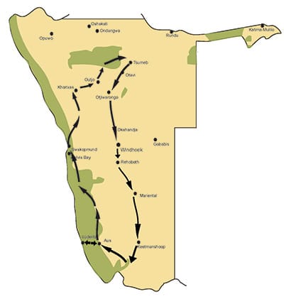 Namibia Rundreise auf einer Karte dargestellt